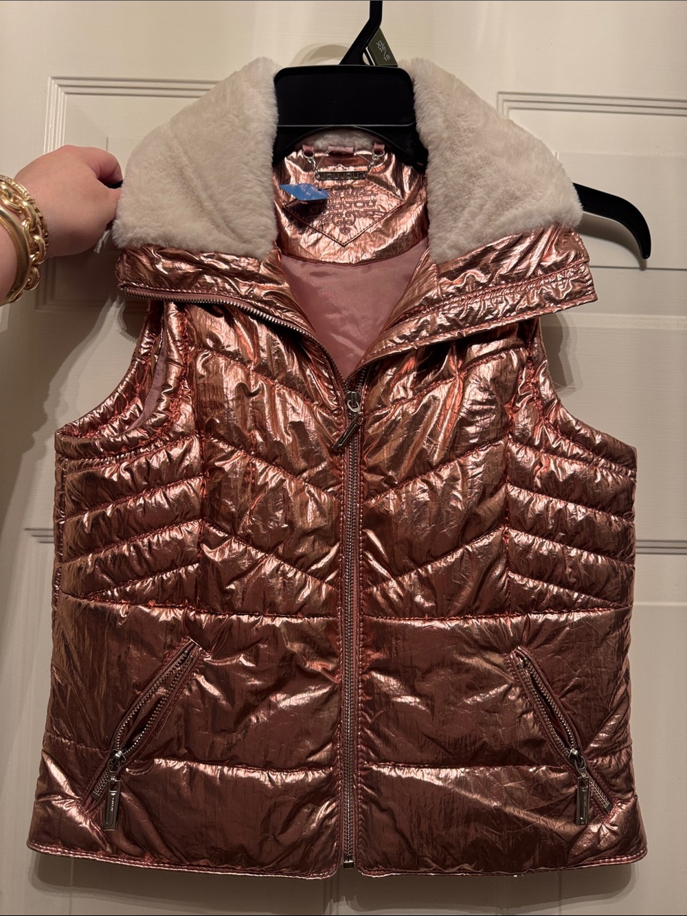 Jou Jou Metallic Rose Gold Quilted Puffer Vest with Faux Shearling Collar